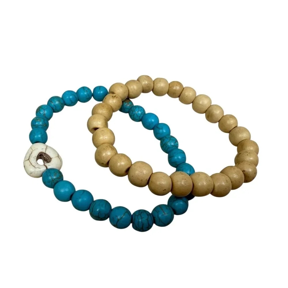 Boho Turquoise Wood Beaded Stretch Bracelet Set Stacking Beach Jewelry